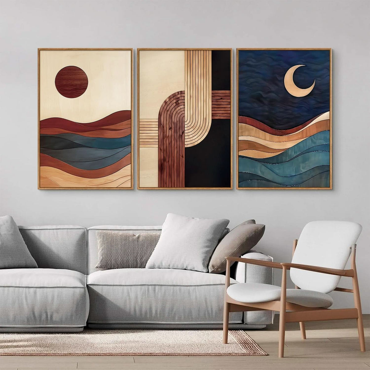 Three-Panel Abstract Wall Art Set of 3 Framed Beige Canvas, 16x24 in – image 3
