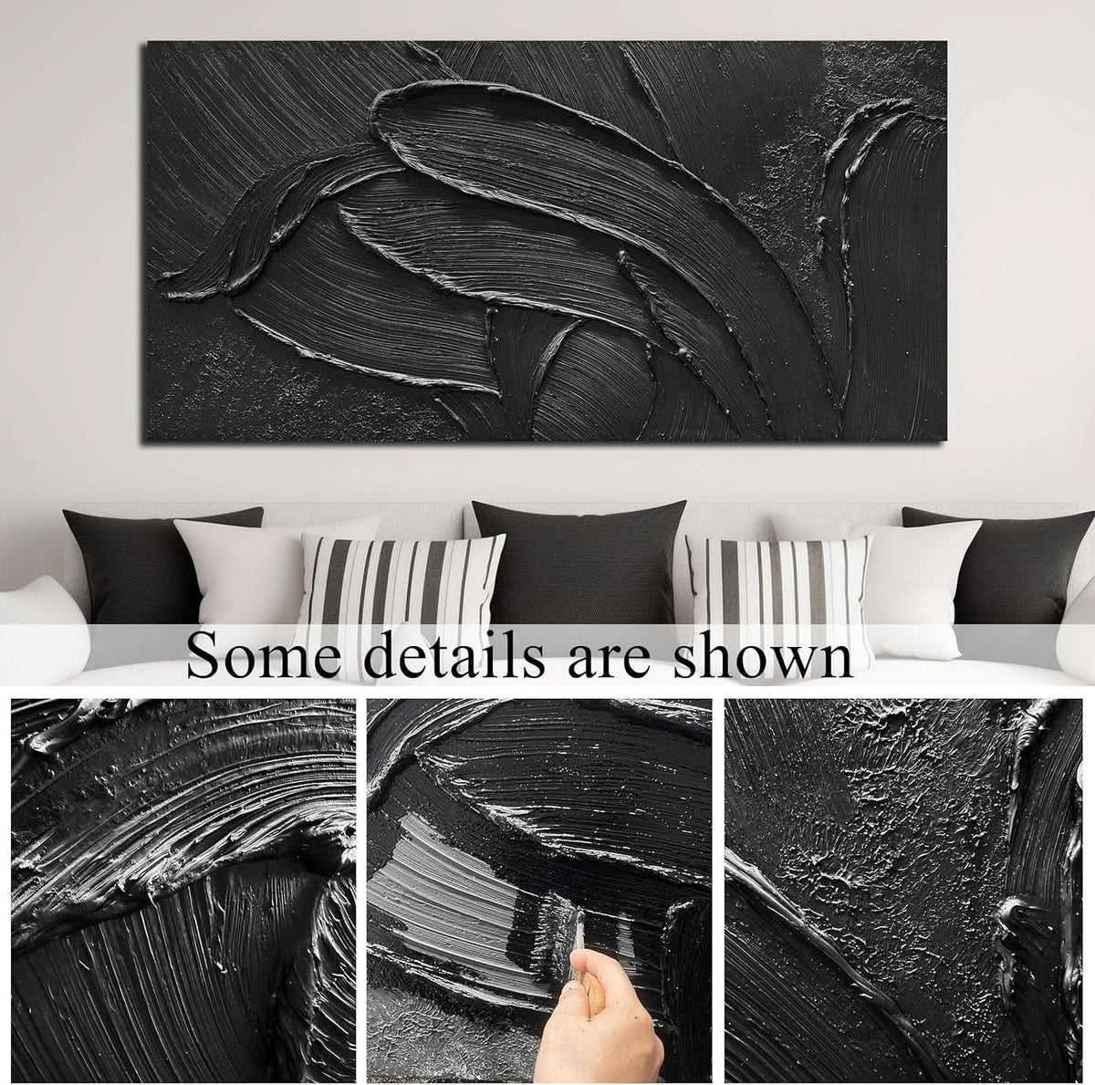 Textured Abstract Wall Art 29x58 Hand-Painted Black – image 4