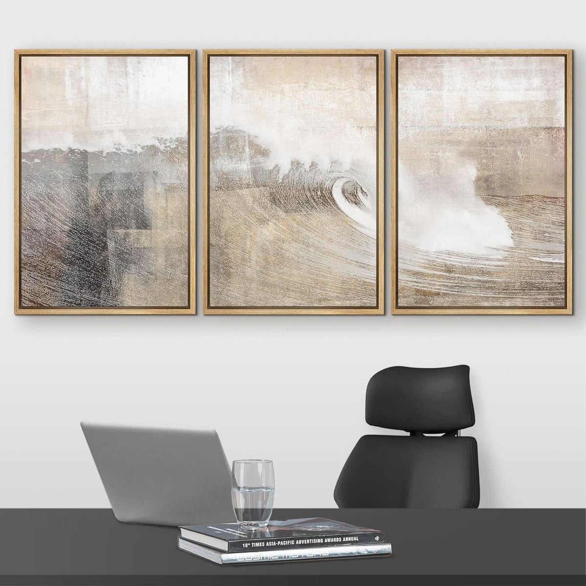 Ocean Wave Coastal Wall Art Set of 3 Framed Gray Tan Canvas, 24x36 in – image 2