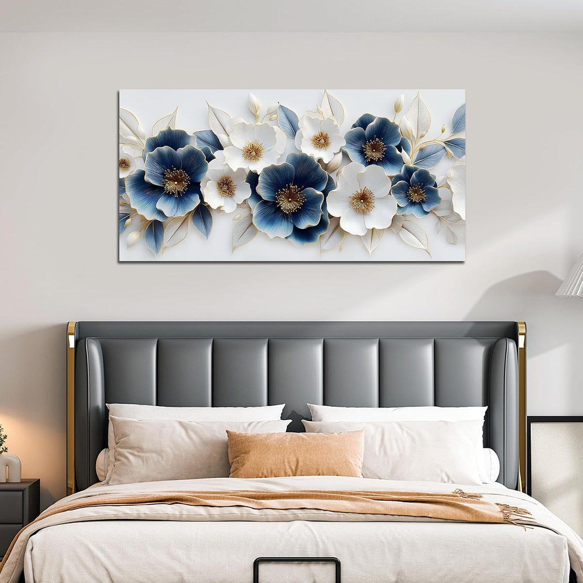 Floral Wall Art 20x40 Hand-Painted Framed White Blue Canvas – image 5