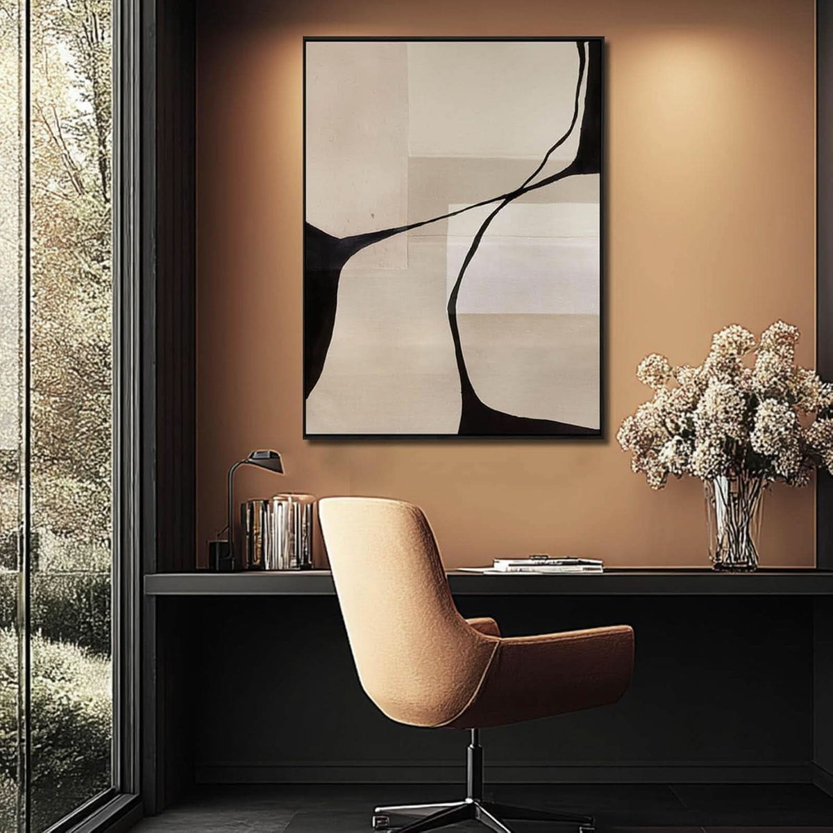 Abstract Wall Art 36x48 Hand-Painted Black Beige Canvas – image 3
