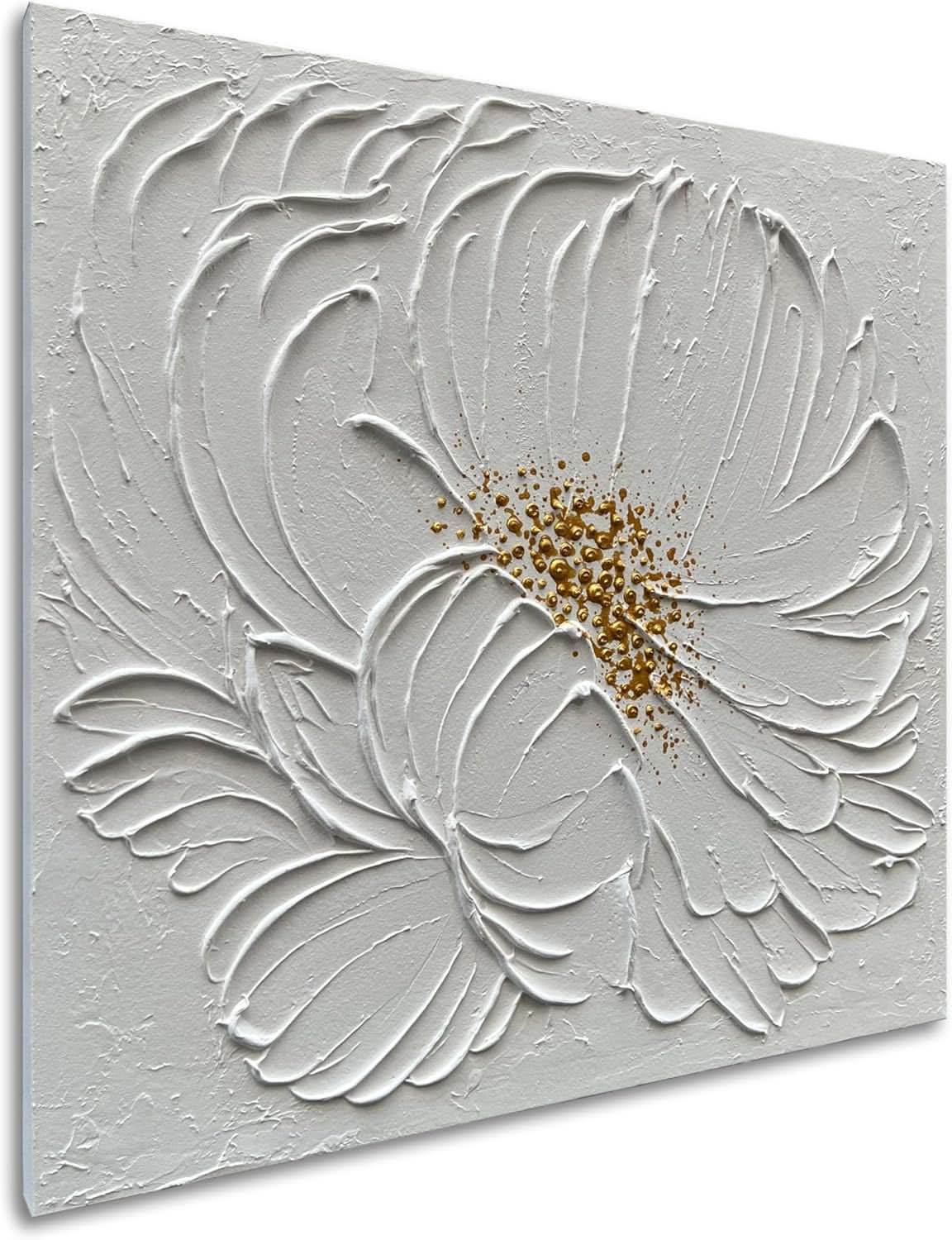 Surface Textured Floral Wall Art 24x24 Hand-Painted White Ivory – image 2