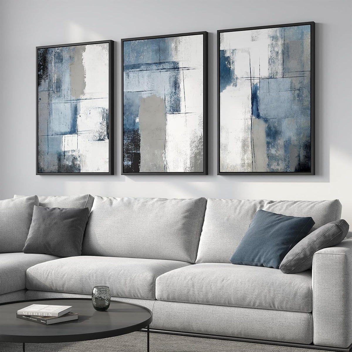 Area Modern Wall Art Set of 3 Framed Blue Grey for Living Room – image 2