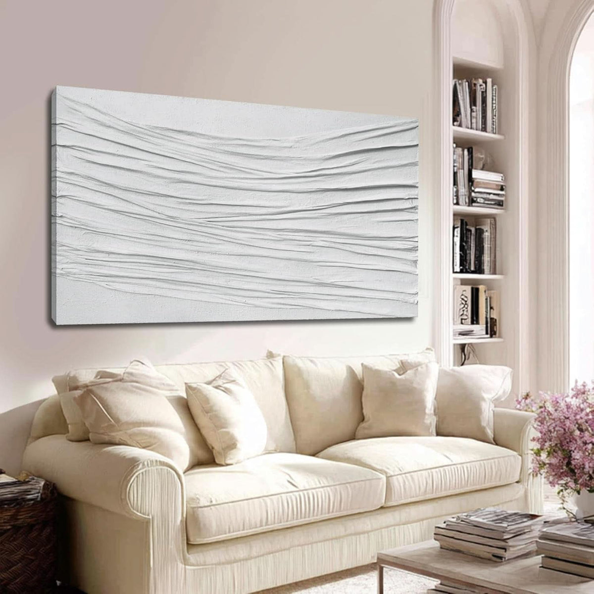 Textured Abstract Wall Art 24x48 Hand-Painted White Canvas – image 7