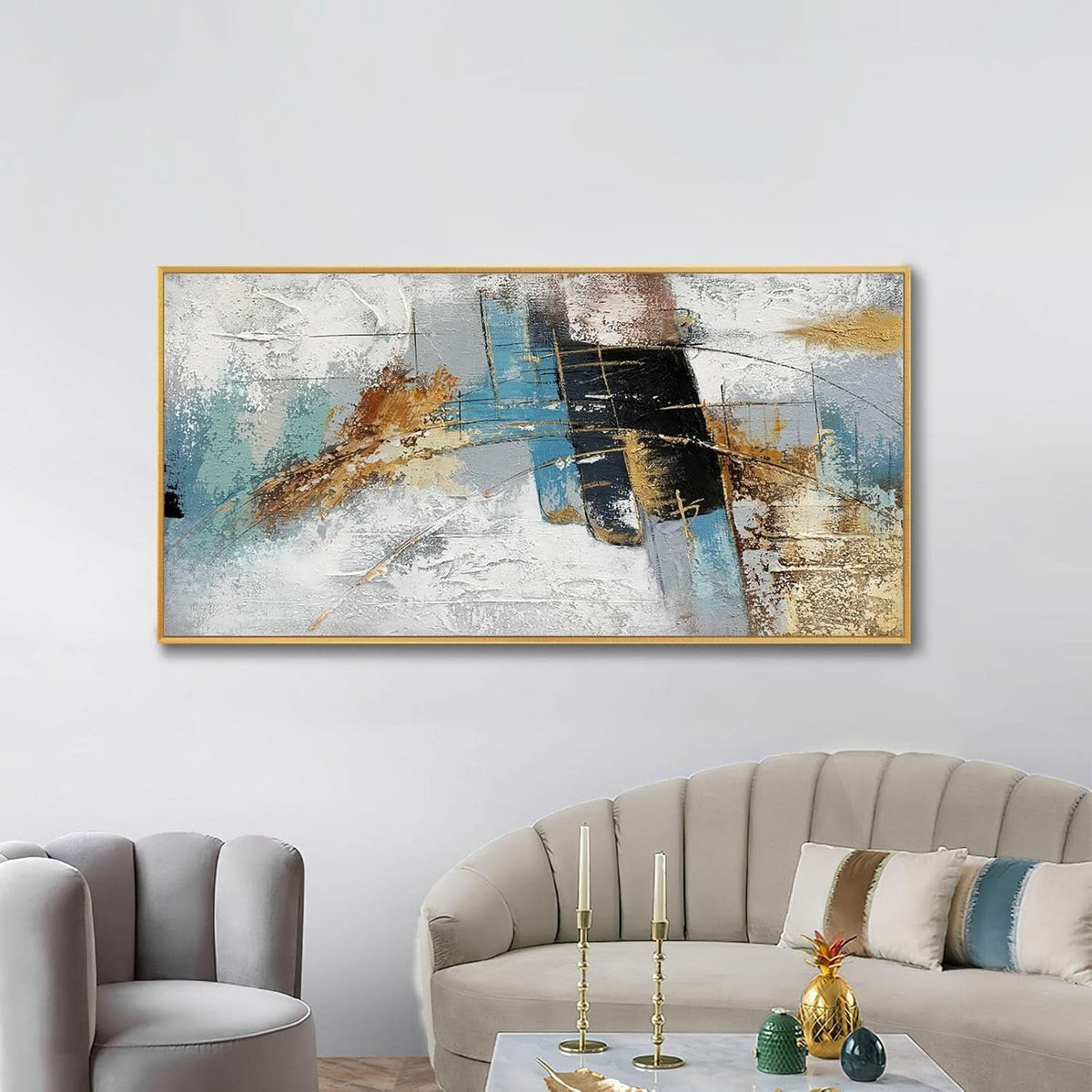 Textured Abstract Wall Art 60x30 Hand-Painted Framed Blue – image 2