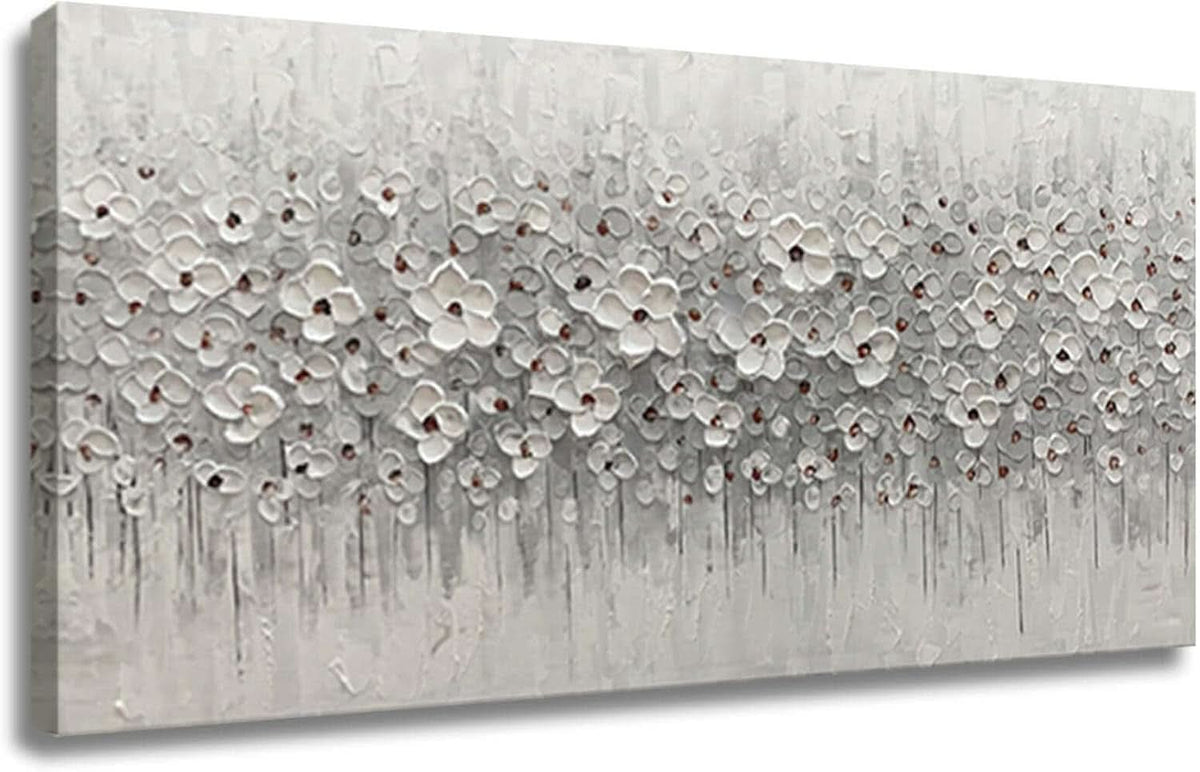 Flower Floral Wall Art 60x30 Hand-Painted Framed White Canvas – main view