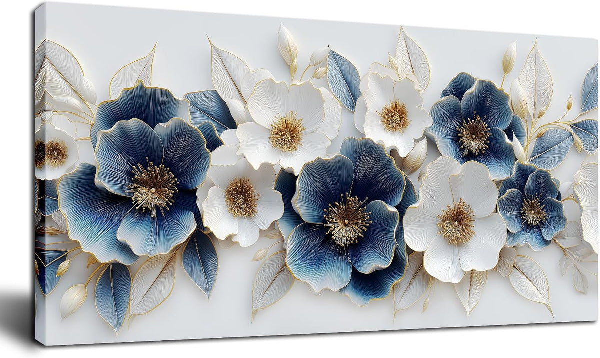 Floral Wall Art 20x40 Hand-Painted Framed White Blue Canvas – main view