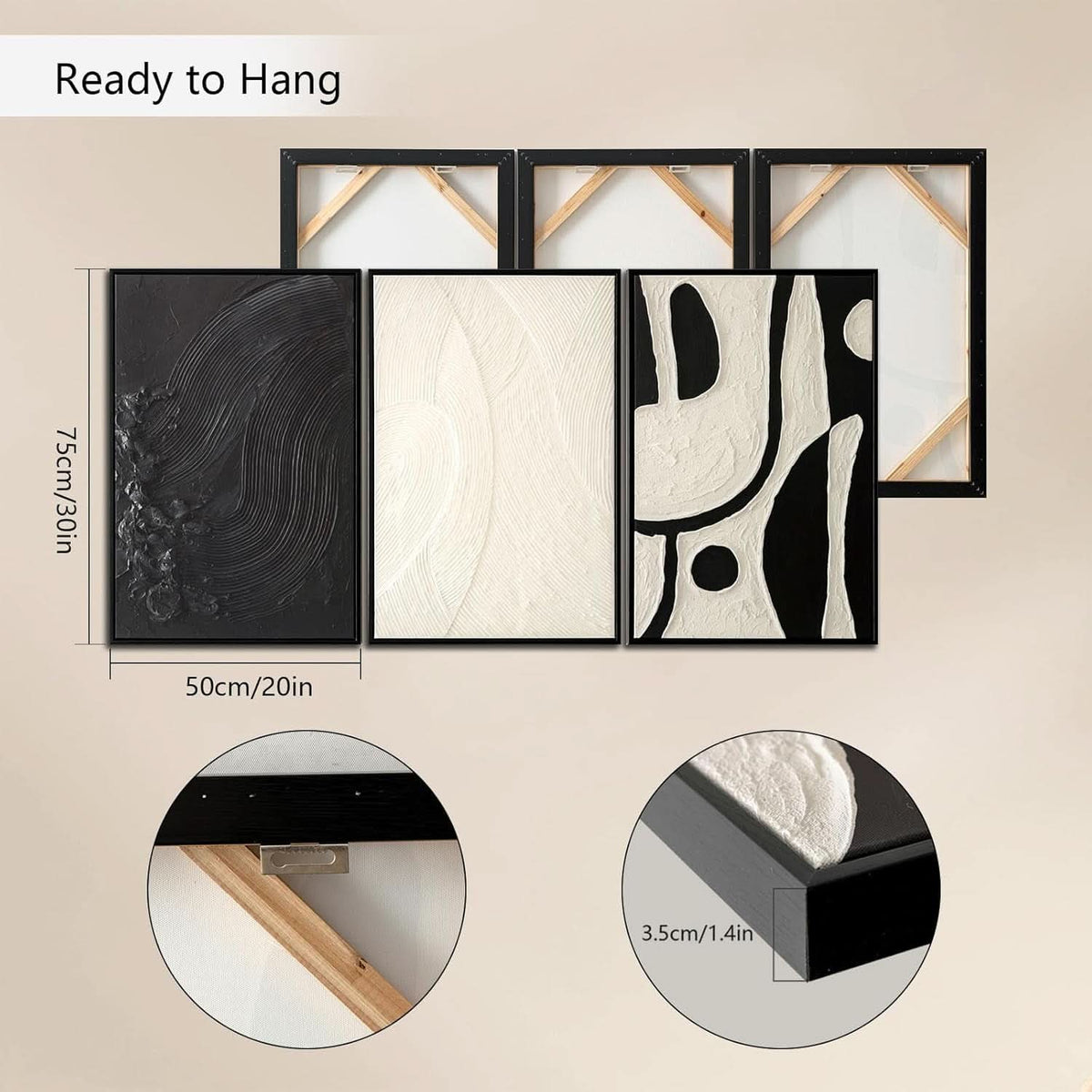 Black and White Abstract Wall Art Set of 3 Framed, 20x30 in – image 3