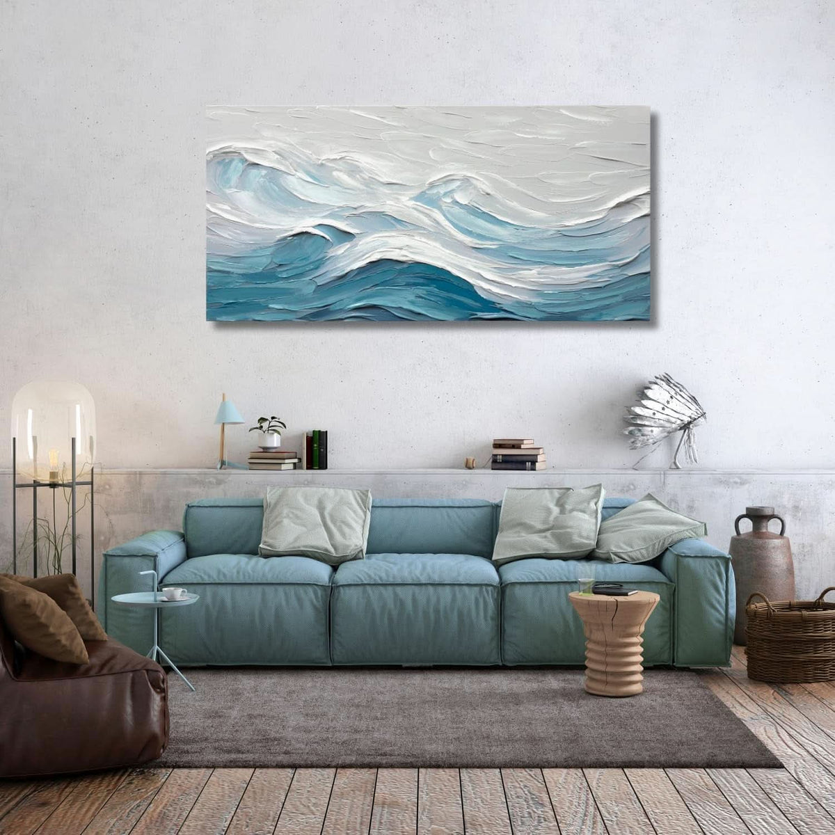 Ocean Abstract Coastal Wall Art 20x40 Hand-Painted White Blue Canvas – image 8