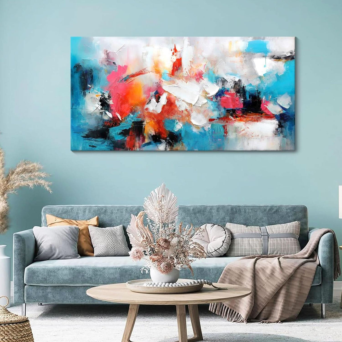 Abstract Wall Art 24x48 Hand-Painted Blue Pink Canvas – image 9