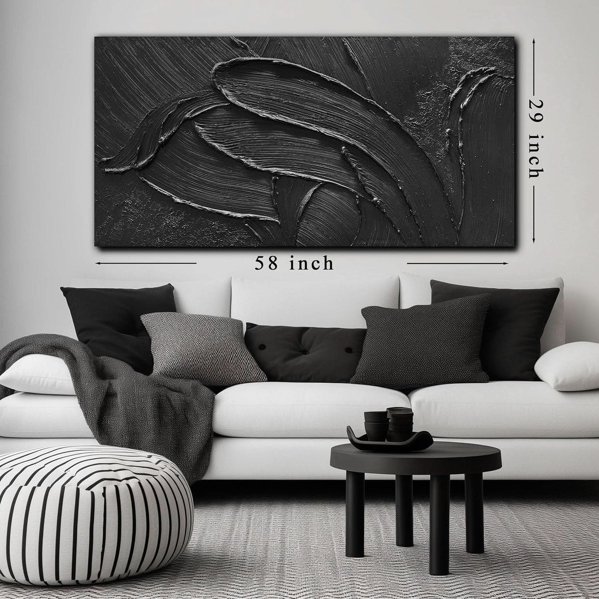 Textured Abstract Wall Art 29x58 Hand-Painted Black – image 6