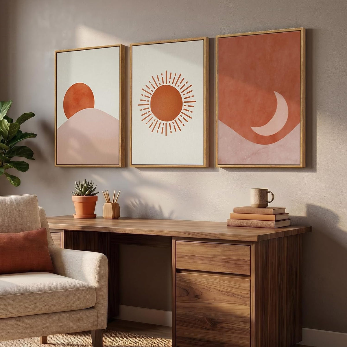 Moon Sun Boho Wall Art 16x24 Framed Terracotta Canvas – image 2