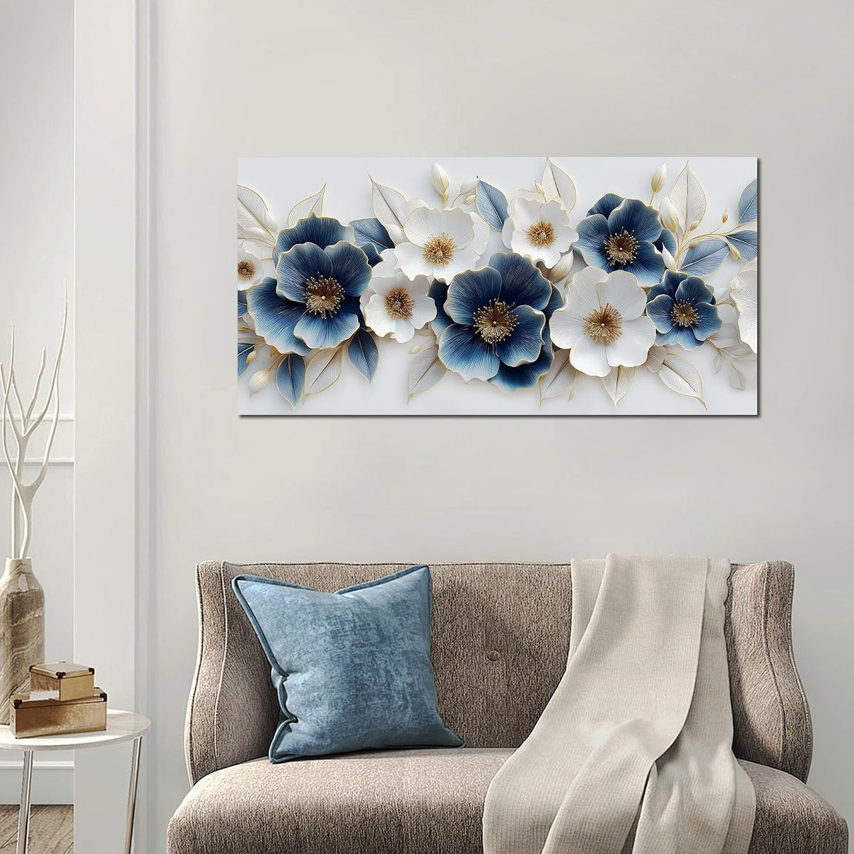 Floral Wall Art 20x40 Hand-Painted Framed White Blue Canvas – image 3