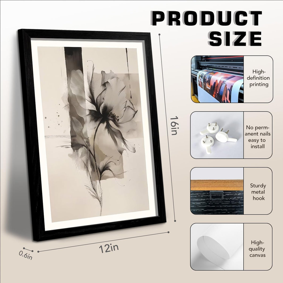 Abstract Floral Wall Art Set of 3 Framed Neutral Canvas, 12x16 in – image 5