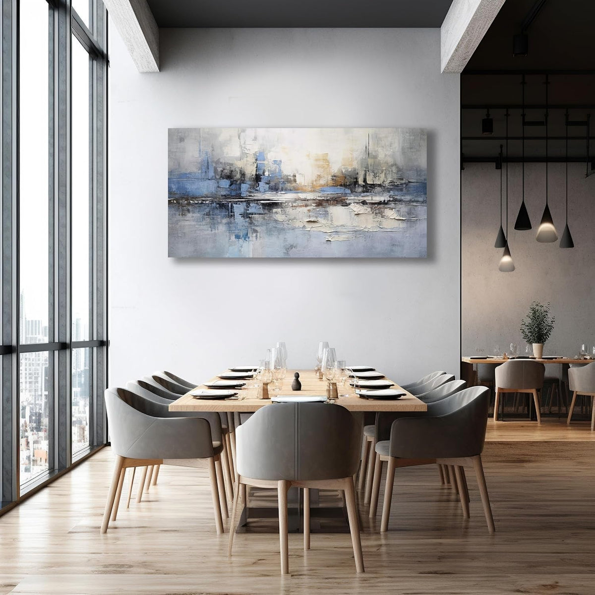 Blue-Gray Abstract Wall Art 29x58 Hand-Painted Blue Gray Canvas – image 4