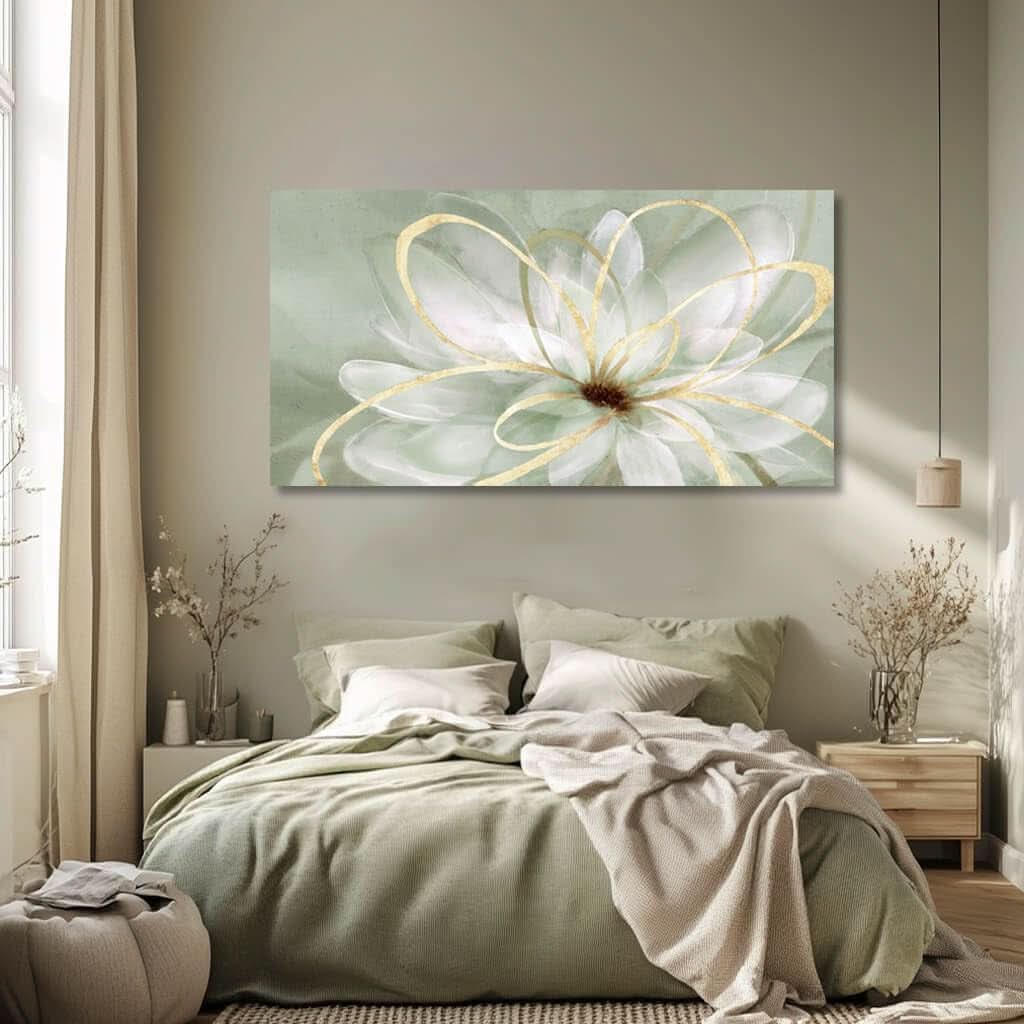 Blossom Line Floral Wall Art 29x58 Hand-Painted White Gold Canvas – image 3