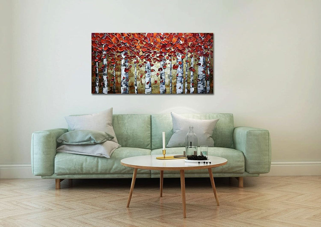 Birch Trees Landscape Wall Art 24x48 Hand-Painted Red Canvas – image 6