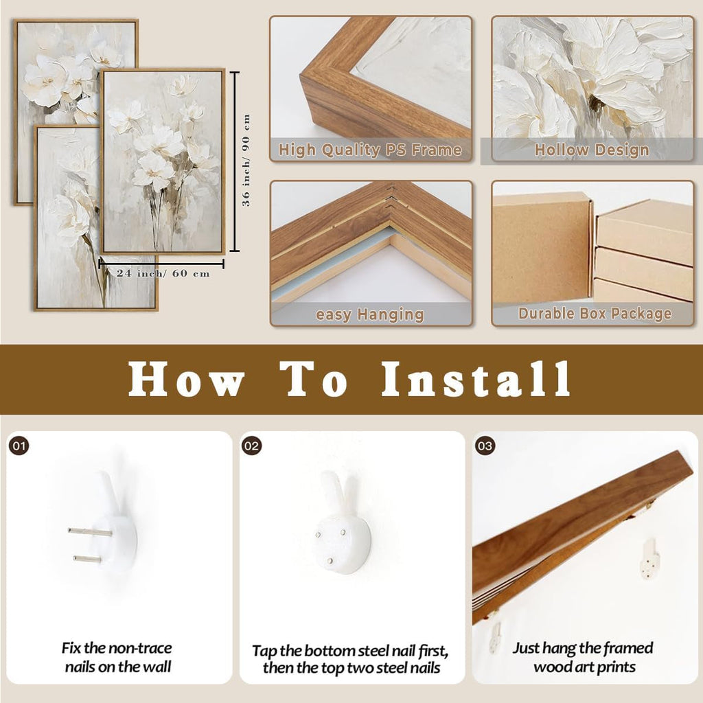 Floral Wall Art 24x36 Framed Beige Canvas for Living Room – image 7