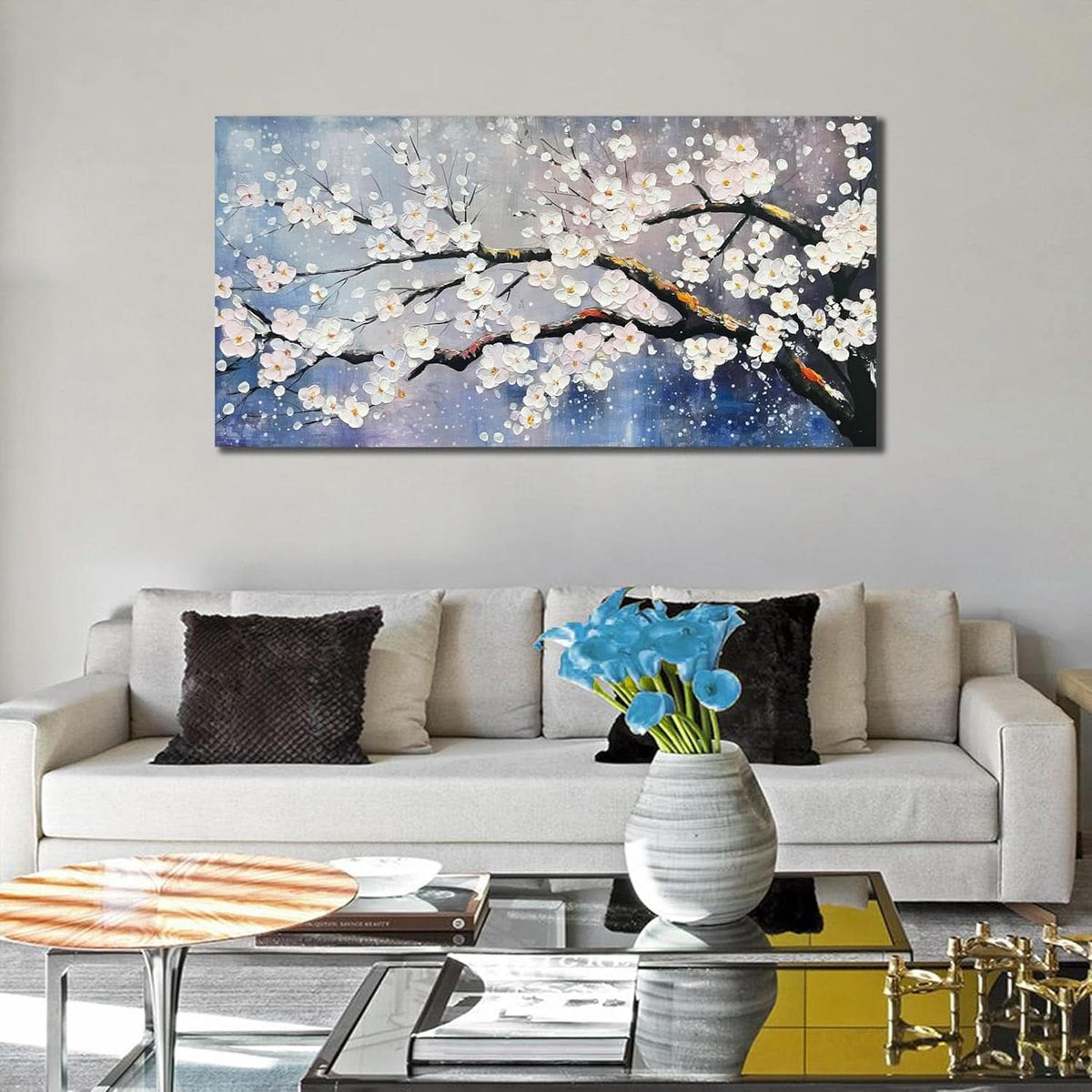 Plum Blossom Twent Floral Wall Art 40x20 Hand-Painted White Blue – image 5