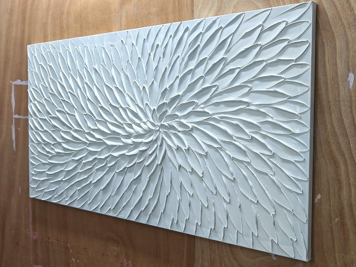Intricately Textured Floral Wall Art 24x48 Hand-Painted White Canvas – image 7