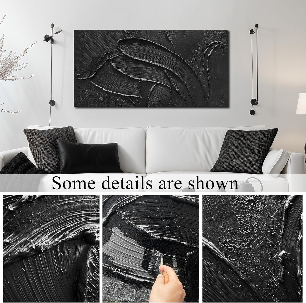 Midnight Abstract Wall Art 20x40 Hand-Painted Black Canvas – image 4