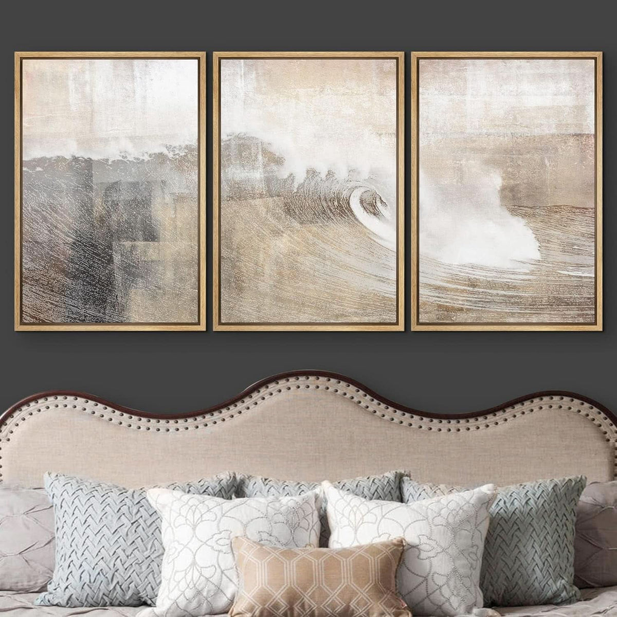 Ocean Wave Coastal Wall Art Set of 3 Framed Gray Tan Canvas, 24x36 in – image 3