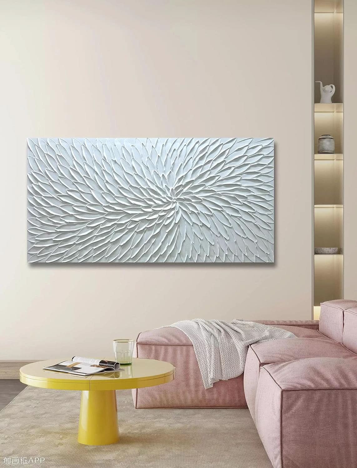 Intricately Textured Floral Wall Art 24x48 Hand-Painted White Canvas – image 4