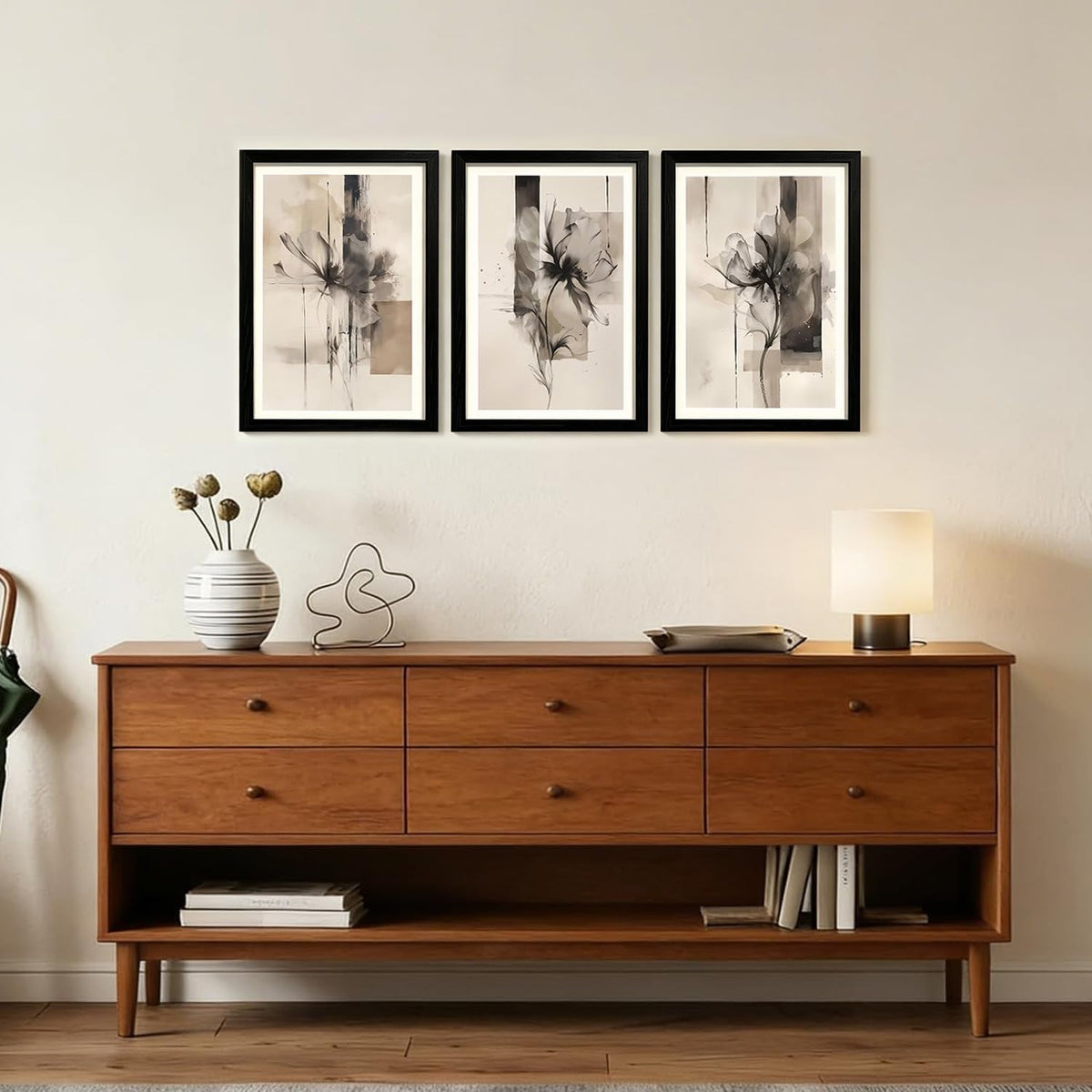 Abstract Floral Wall Art Set of 3 Framed Neutral Canvas, 12x16 in – image 2