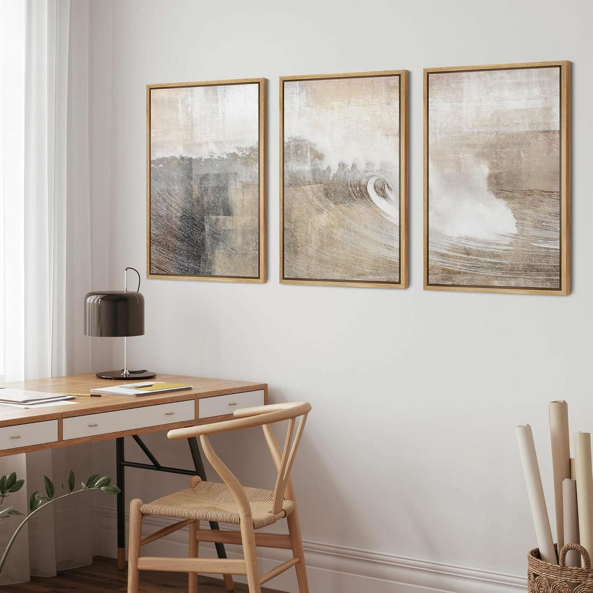 Ocean Wave Coastal Wall Art Set of 3 Framed Gray Tan Canvas, 24x36 in – image 4