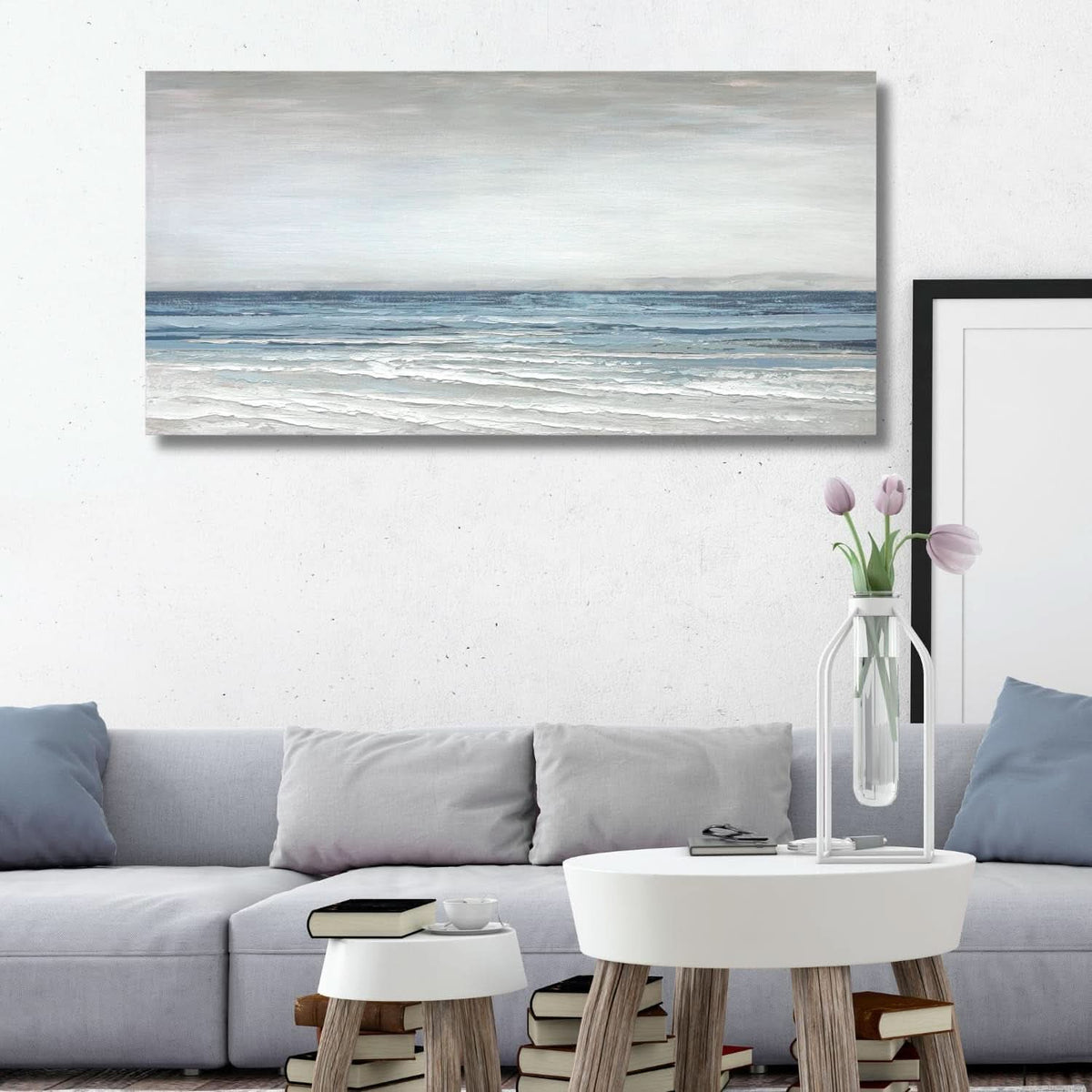 Textured Abstract Wall Art 20x40 Hand-Painted White Blue Canvas – image 3