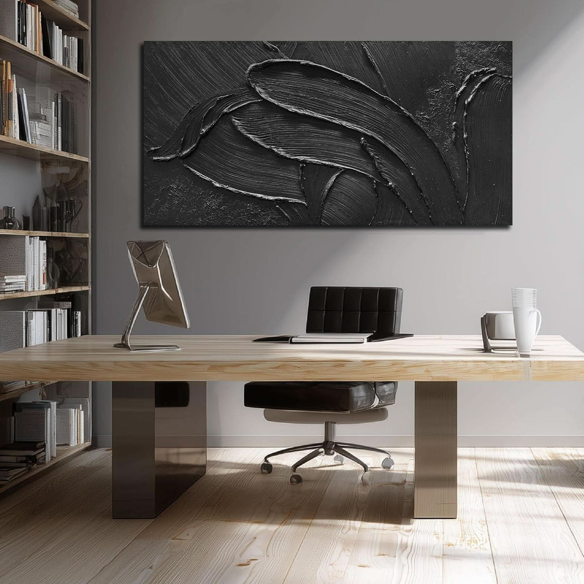 Textured Abstract Wall Art 29x58 Hand-Painted Black – image 5