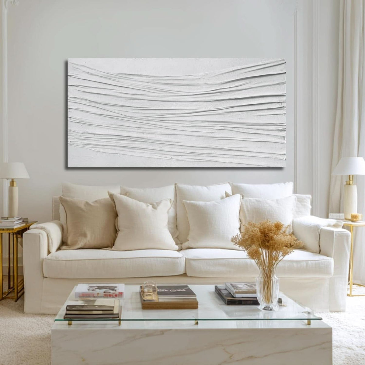 Textured Abstract Wall Art 24x48 Hand-Painted White Canvas – image 6