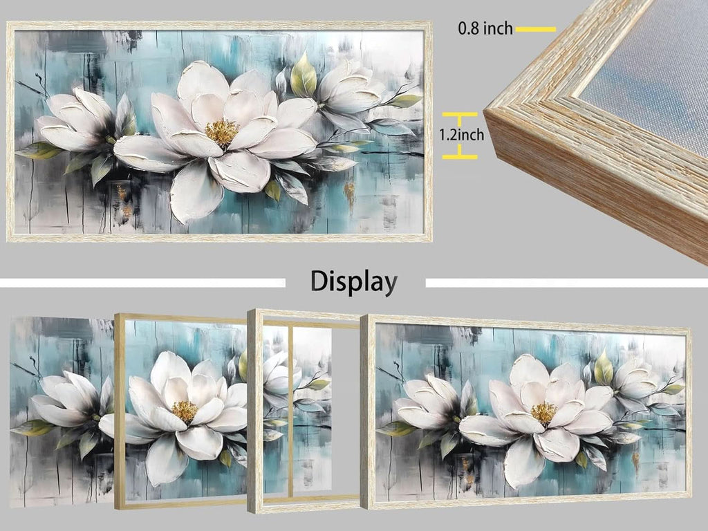 Magnolia Textured Floral Wall Art 40x20 Hand-Painted Framed Teal – image 6