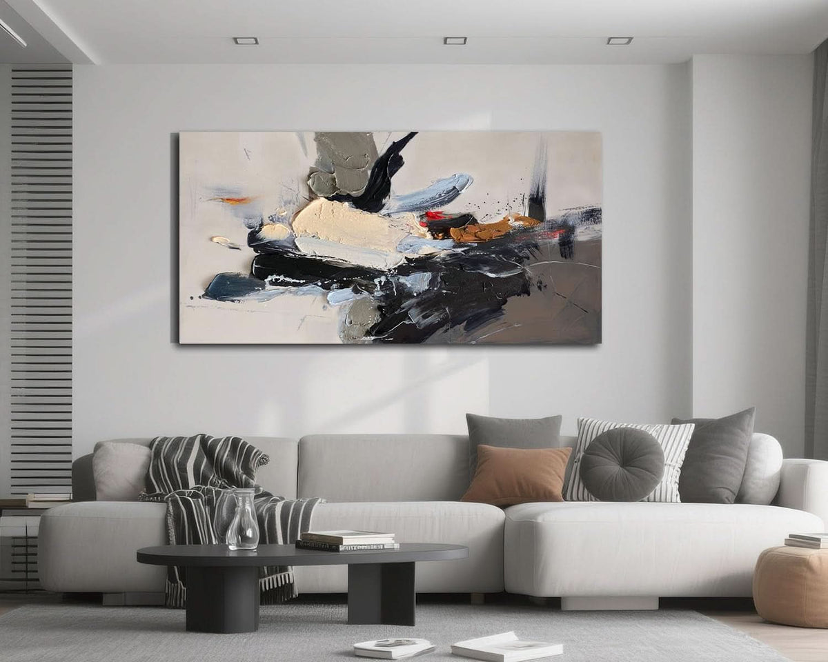 Textured Abstract Wall Art 58x29 Framed Black Beige Canvas – image 2