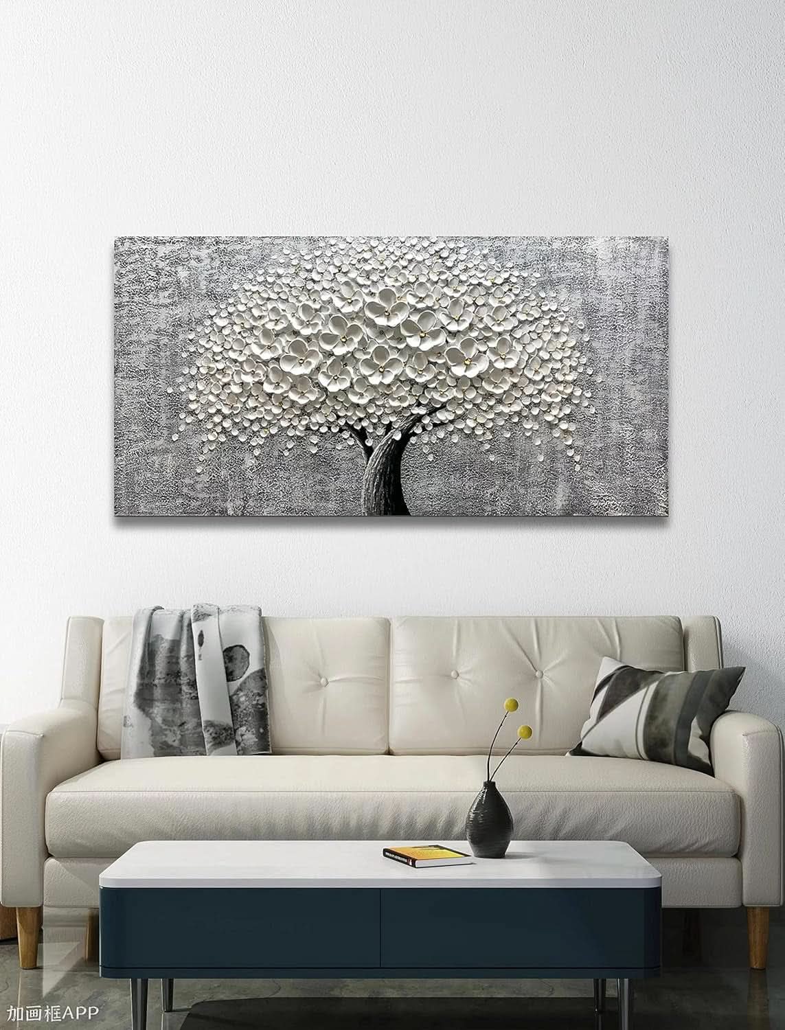 Flower 3D Floral Wall Art 24x48 Hand-Painted White Canvas – image 3