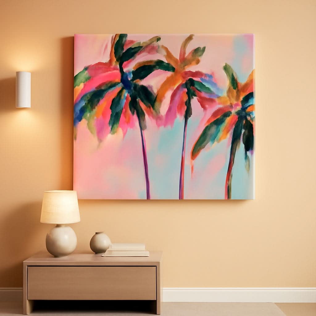 Seascape Palm Tree Coastal Wall Art Framed Pink Canvas – main view