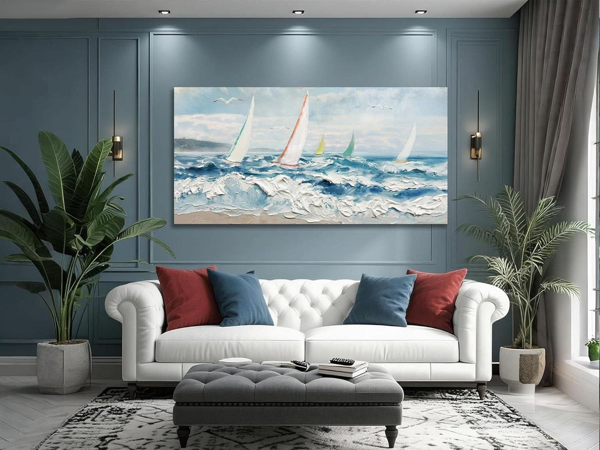 Ocean Wave Textured Coastal Wall Art 40x20 Blue Canvas – image 5