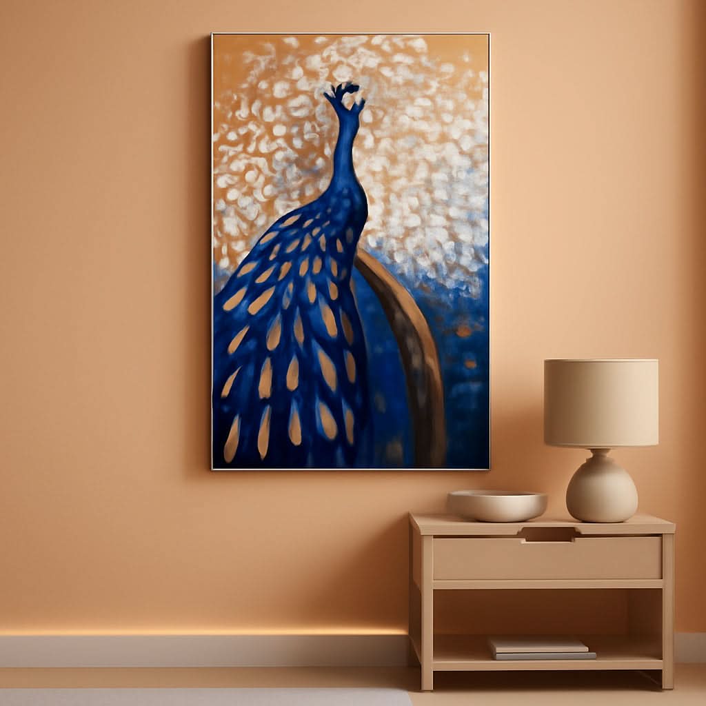 Peacock Feathered Wall Art 24x48 Hand-Painted Framed Canvas – main view
