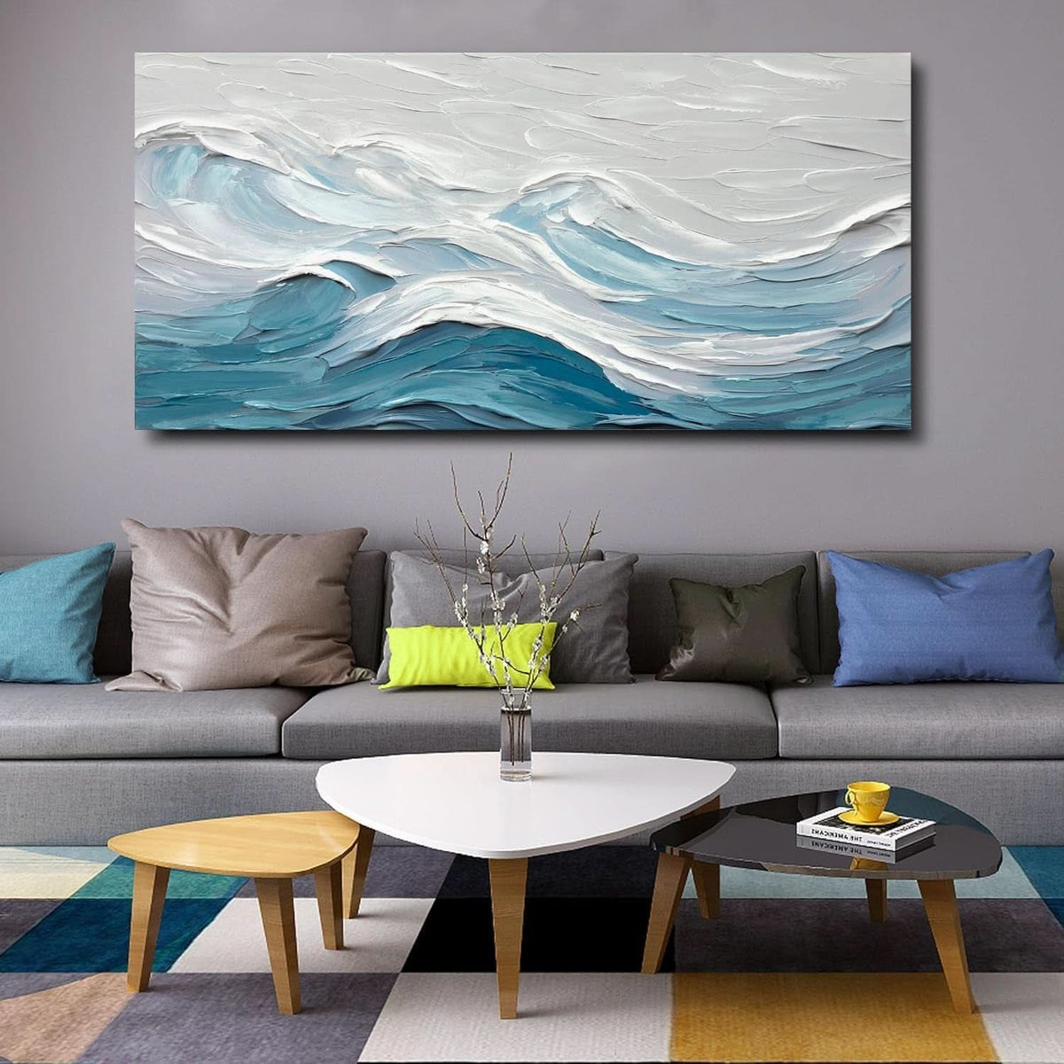 Ocean Abstract Coastal Wall Art 20x40 Hand-Painted White Blue Canvas – image 2