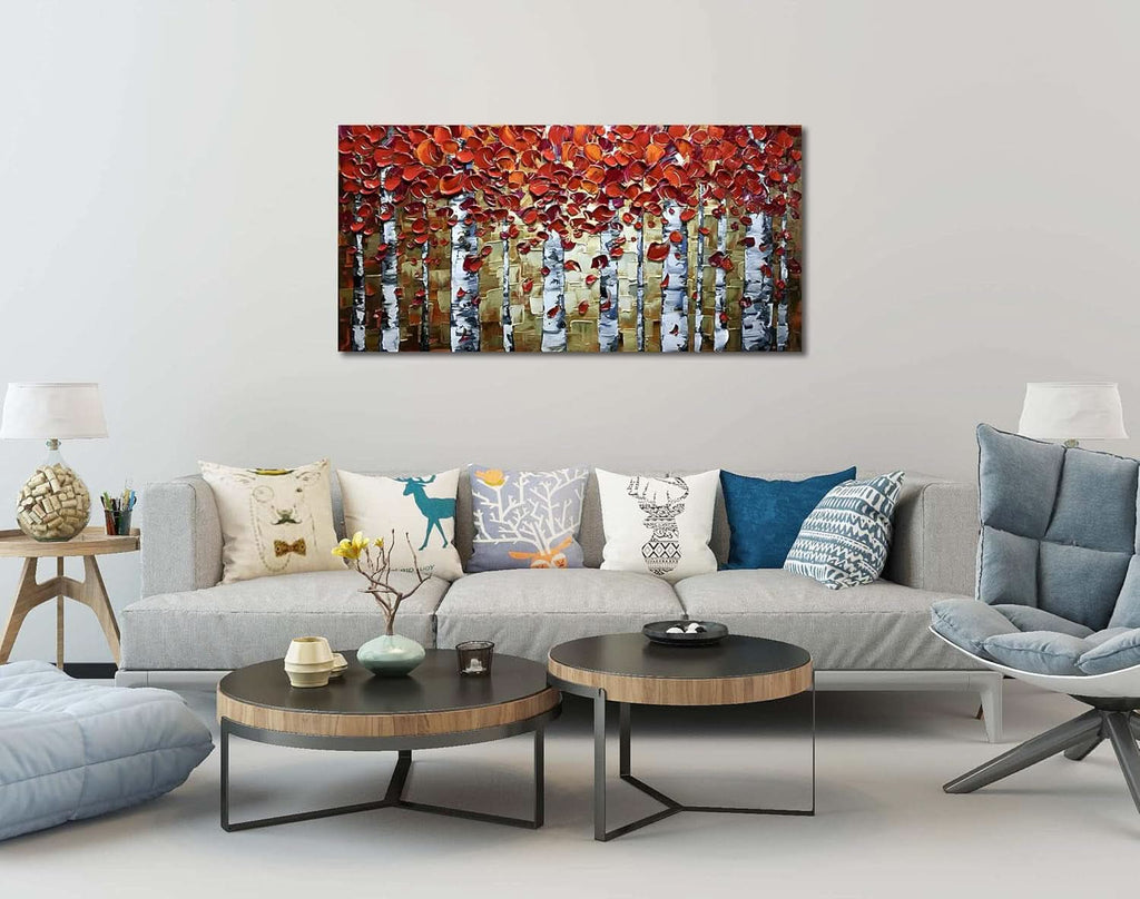 Birch Trees Landscape Wall Art 24x48 Hand-Painted Red Canvas – image 5