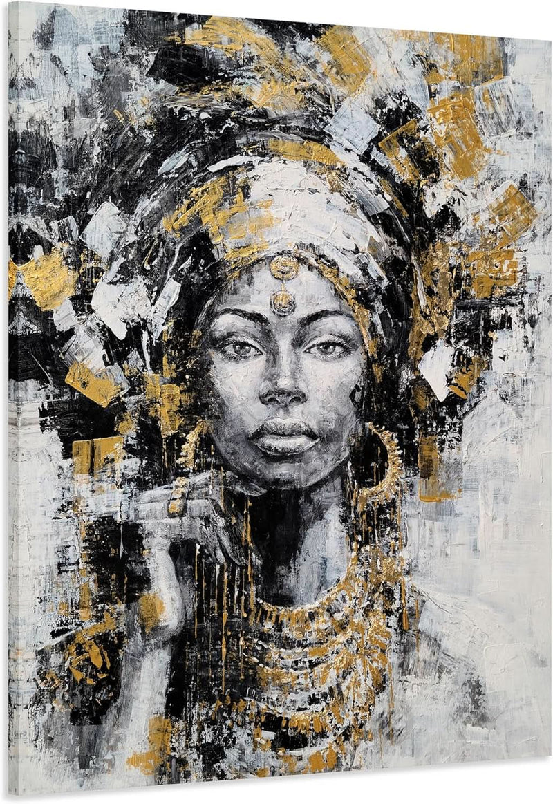 African American Gold Wall Art Hand-Painted Black Canvas – main view