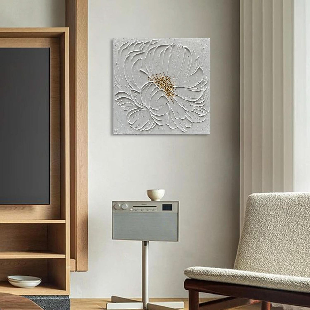 Surface Textured Floral Wall Art 24x24 Hand-Painted White Ivory – image 5