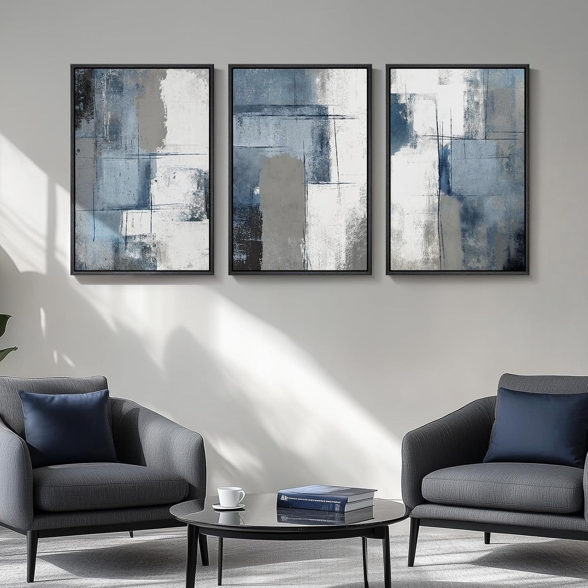 Modern Wall Art Set of 3 Blue Grey Canvas, 20x30 in – image 4