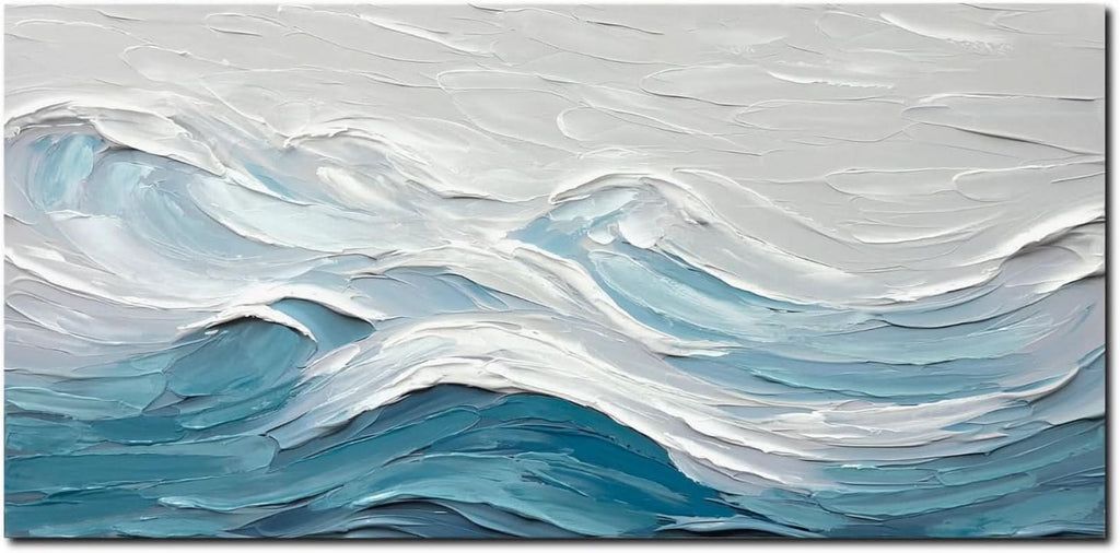 Ocean Abstract Coastal Wall Art 20x40 Hand-Painted White Blue Canvas – image 5