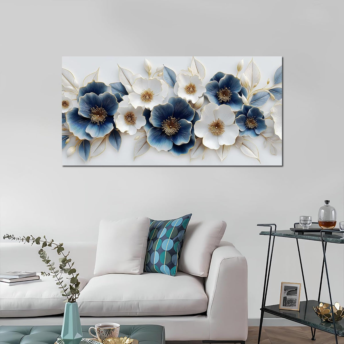 Floral Wall Art 20x40 Hand-Painted Framed White Blue Canvas – image 4