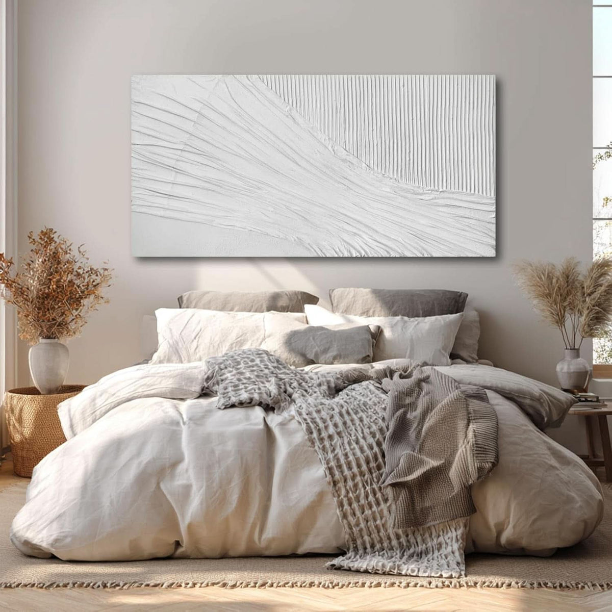 Textured Abstract Wall Art 24x48 Hand-Painted White Canvas – image 2