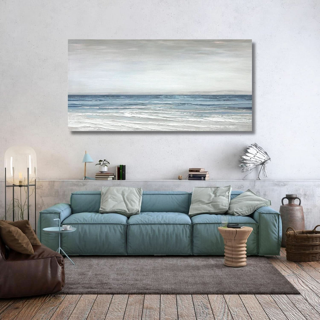 Seascape Textured Coastal Wall Art 28x57 Hand-Painted White Canvas – image 7