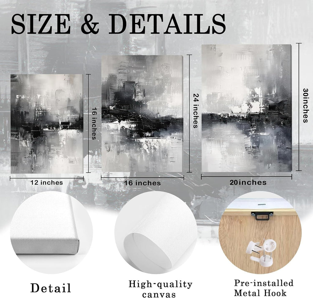 Triptych Black and White Abstract Wall Art Set of 3 Canvas, 16x24 in – image 6