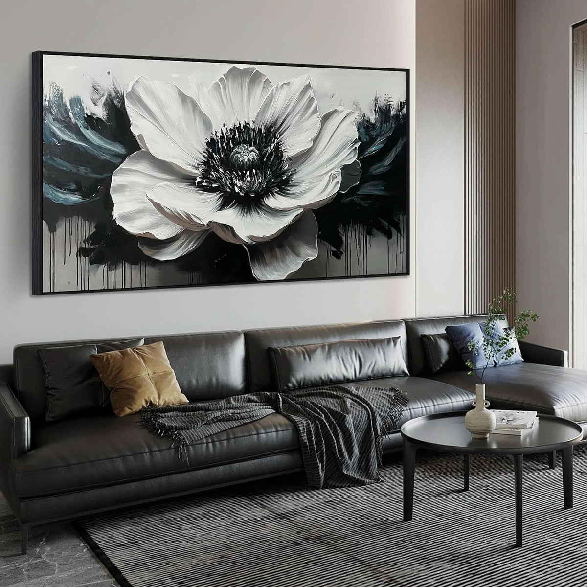Black and White Floral Wall Art 59x29 Hand-Painted Canvas – main view