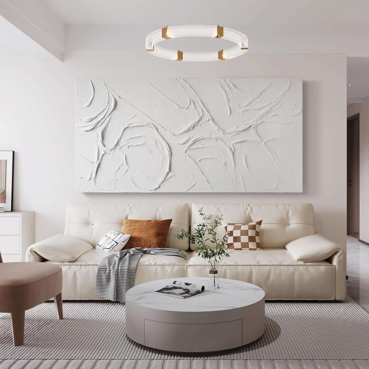 Textured Abstract Wall Art 58x29 Hand-Painted White – image 3